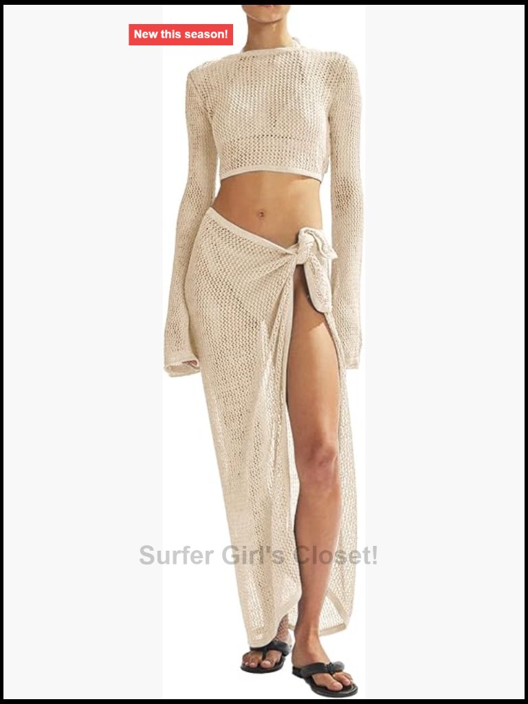 Crochet Knit 2 Piece Bikini Cover Up Set Hollow Out Beach Swimwear Cover Up
